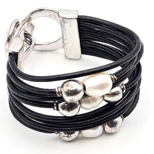 Black Leather Multi Strand Cuff Bracelet Pearl Silver Tone Beads Hammered Clasp